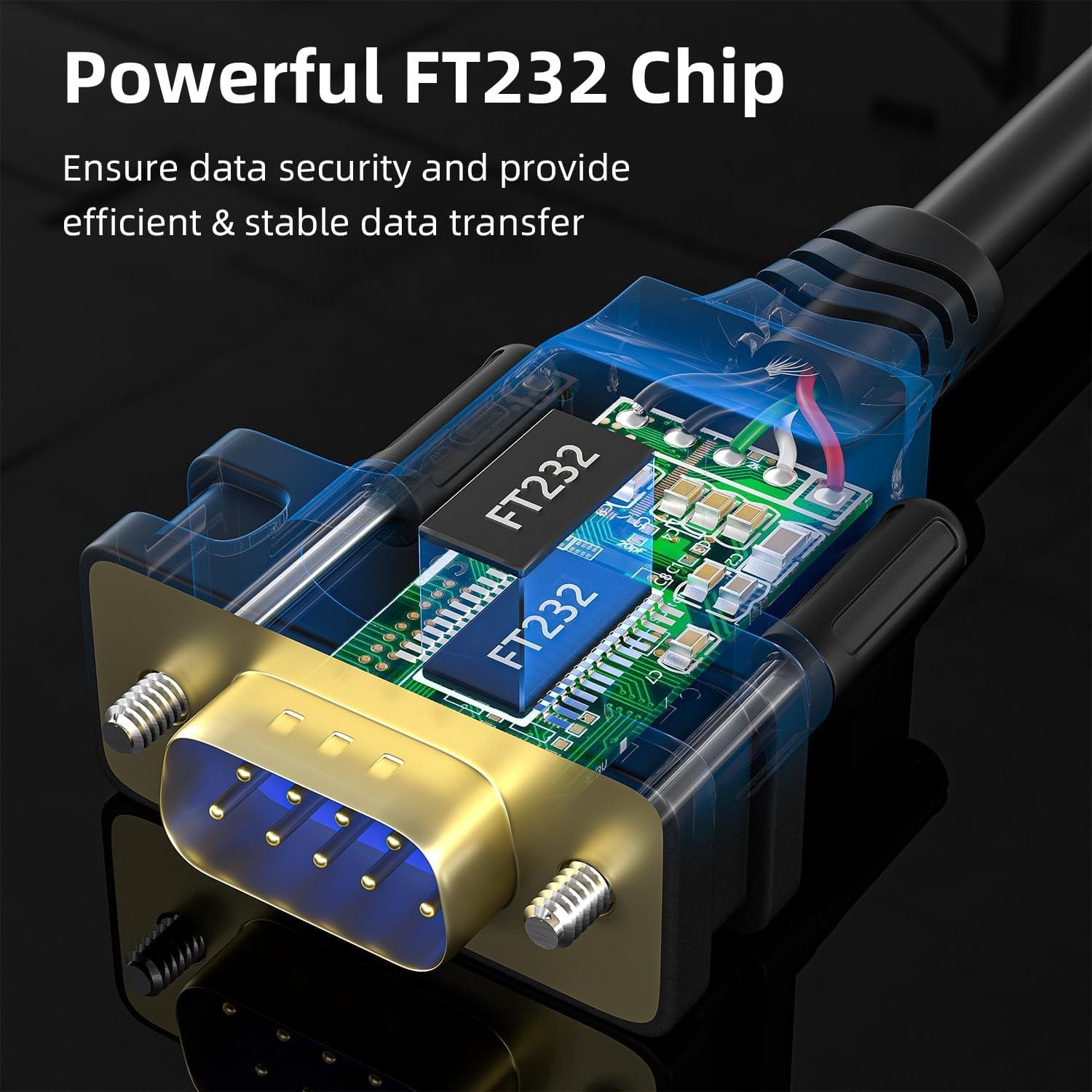 USB-A till RS232 DB9 han-kabel för seriella enheter med FTDI Chipset