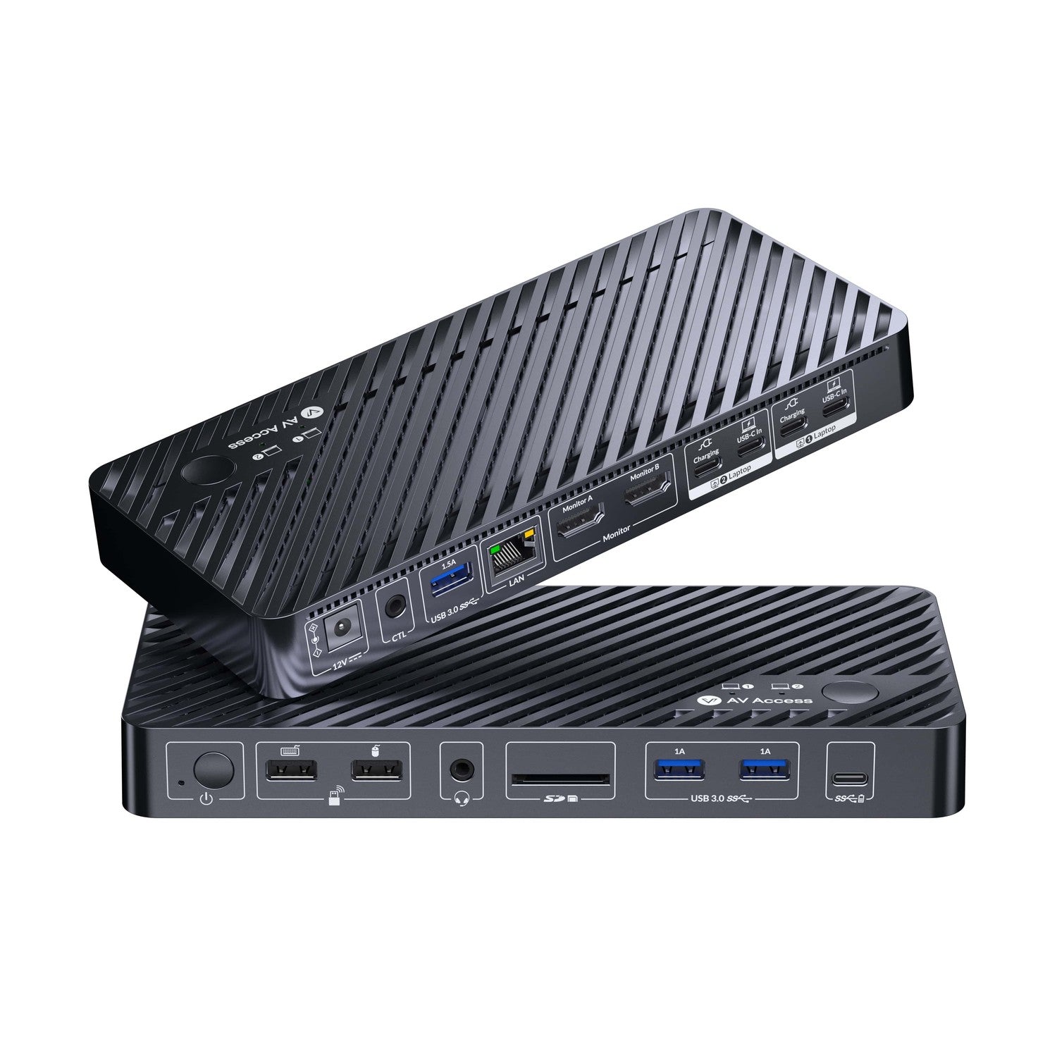 AV Access KD-E20 USB-C KVM Dockningsstation för 2 Laptops, Dual 4K-skärm, 11-i-1 med 100W PD, 1Gbps LAN & EDID-emulering