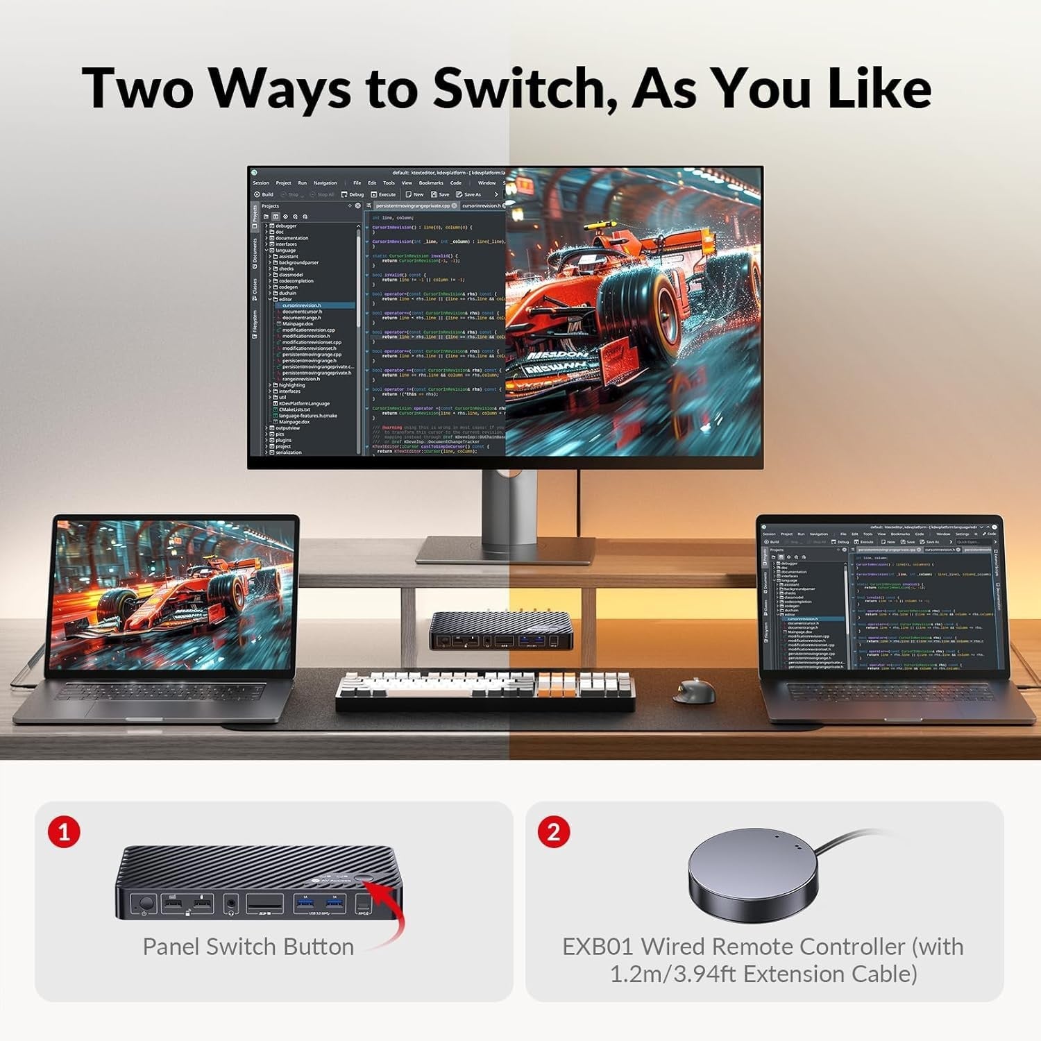 AV Access KD-E20 USB-C KVM Dockningsstation för 2 Laptops, Dual 4K-skärm, 11-i-1 med 100W PD, 1Gbps LAN & EDID-emulering