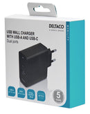 DELTACO USB-väggladdare med dubbla portar och PD, 1x USB-A, 1x USB-C, PD, 36 W, svart
