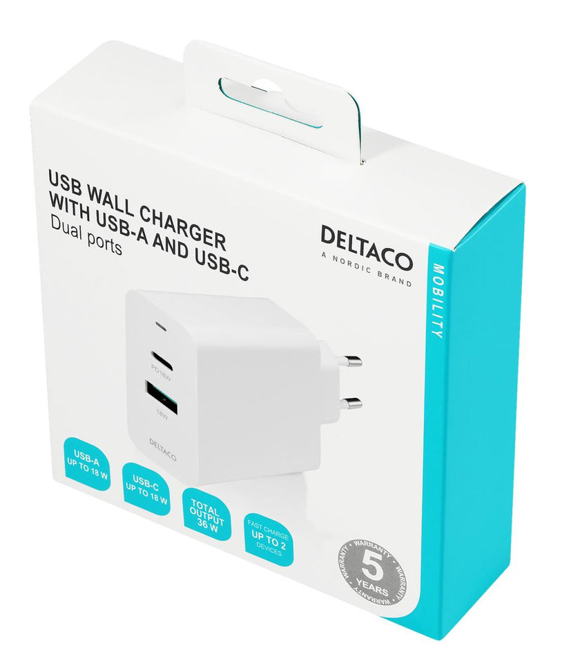 DELTACO USB-väggladdare med dubbla portar och PD 1x USB-A 1x USB-C PD 36 W vit
