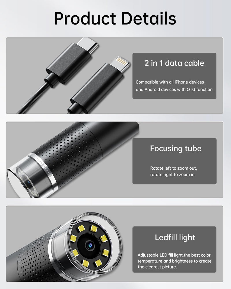 USB Microscope 1080P HD for iPhone Android, 10 to 200X Digital with 8 LED Compatible with iOS, Android, Tablet