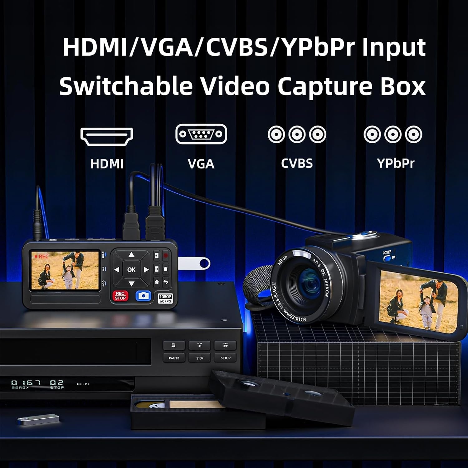 Video till Digital Omvandlare 4K HDMI/CVBS/VGA/YPBPR Input Video-inspelare från VCR, DVD, VHS, Hi8, videokameror 4K inspelning 1080P 60FPS