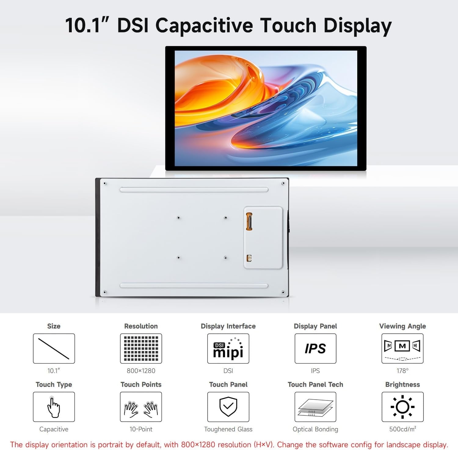 Waveshare 10,1" DSI Touchskärm, 800 x 1280, IPS-panel, Optical Bonding härdat glas, för Raspberry Pi/RK3576/RK3506/ESP32-P4