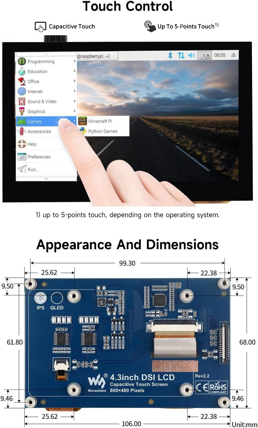 Waveshare 4,3-tums LCD Touch-skärm för Raspberry Pi 5/4B/3B+/3A+/3B/2B/B+/A+ 800 × 480 IPS