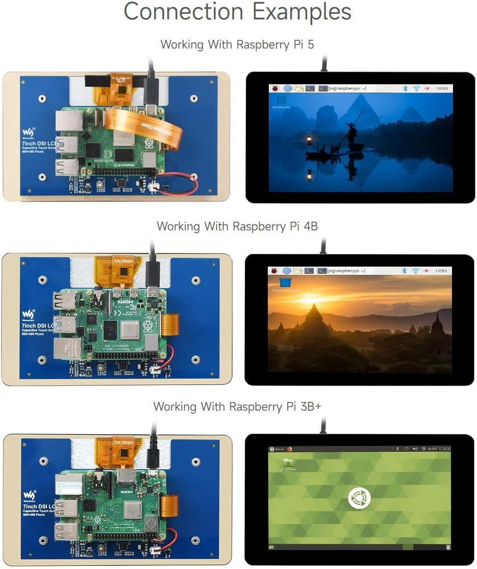 Waveshare 7-tums pekskärm för Raspberry Pi 5, 4B, Raspberry Pi 3B+/3B/3A+, CM3/3+/4 och VisionFive2 Core3566, 800 × 480 upplösning med DSI-gränssnitt