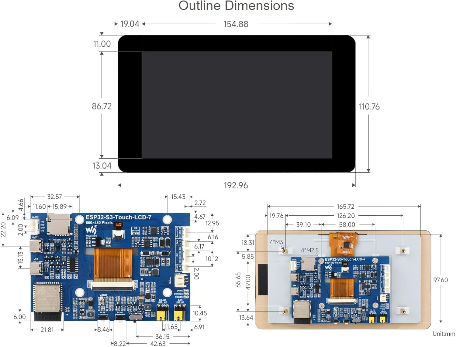 Waveshare 7" ESP32-S3 Touch-skärm Utvecklingskort, 800 x 480, 65k RGB, 5-punkters touch, Stöd för WiFi och Bluetooth