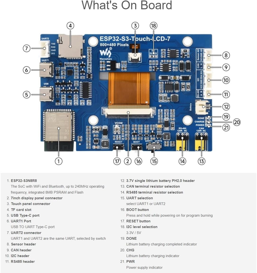 Waveshare 7" ESP32-S3 Touch-skärm Utvecklingskort, 800 x 480, 65k RGB, 5-punkters touch, Stöd för WiFi och Bluetooth