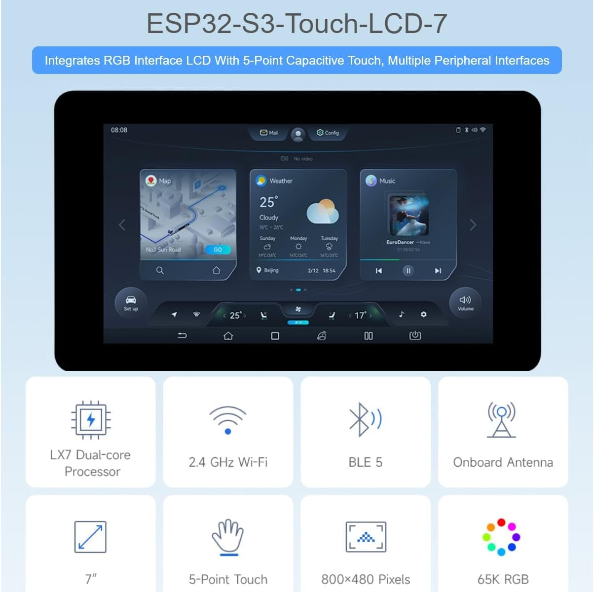 Waveshare 7" ESP32-S3 Touch-skärm Utvecklingskort, 800 x 480, 65k RGB, 5-punkters touch, Stöd för WiFi och Bluetooth