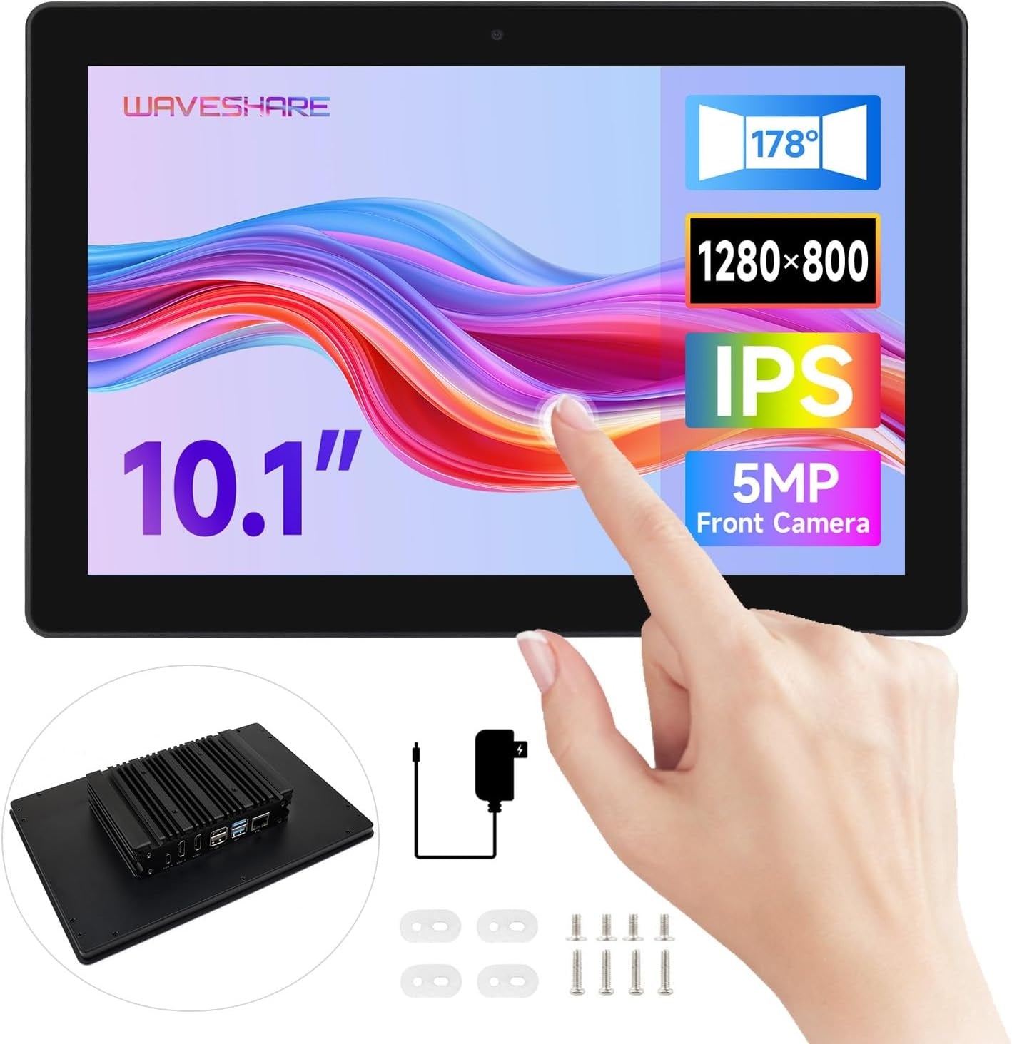 Waveshare industriell HMI allt-i-ett 10,1" pekskärm, kompatibel med Raspberry Pi 4 (ingår), stöd för dubbel 4K HDMI-utgång