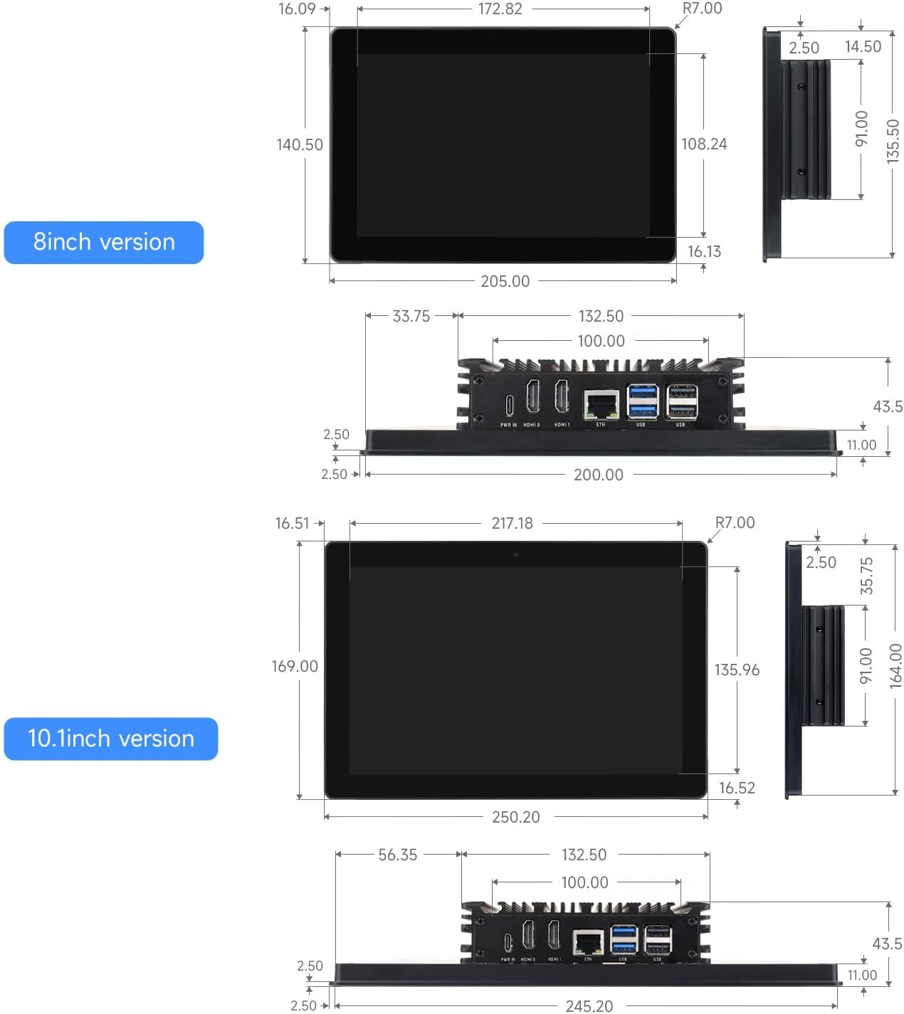 Waveshare industriell HMI allt-i-ett 10,1" pekskärm, kompatibel med Raspberry Pi 4 (ingår), stöd för dubbel 4K HDMI-utgång