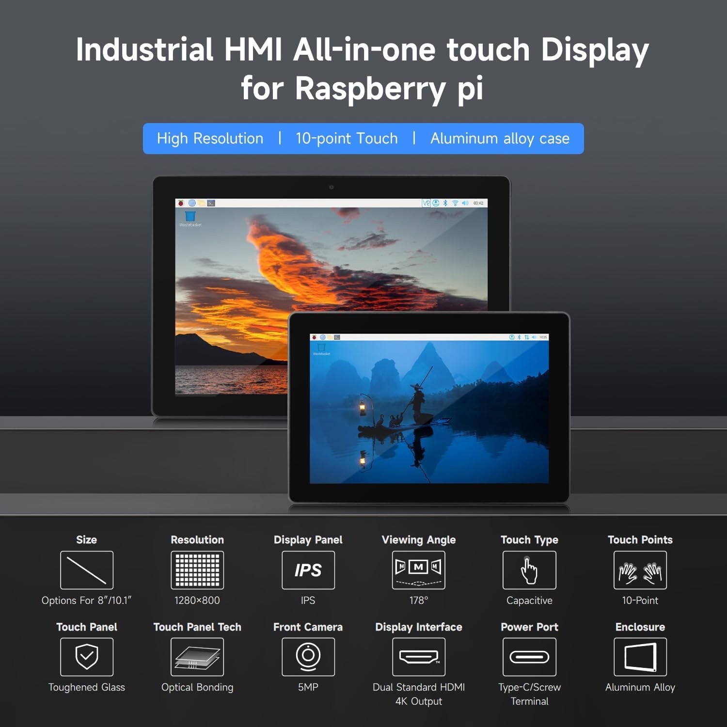 Waveshare industriell HMI allt-i-ett 10,1" pekskärm, kompatibel med Raspberry Pi 4 (ingår), stöd för dubbel 4K HDMI-utgång