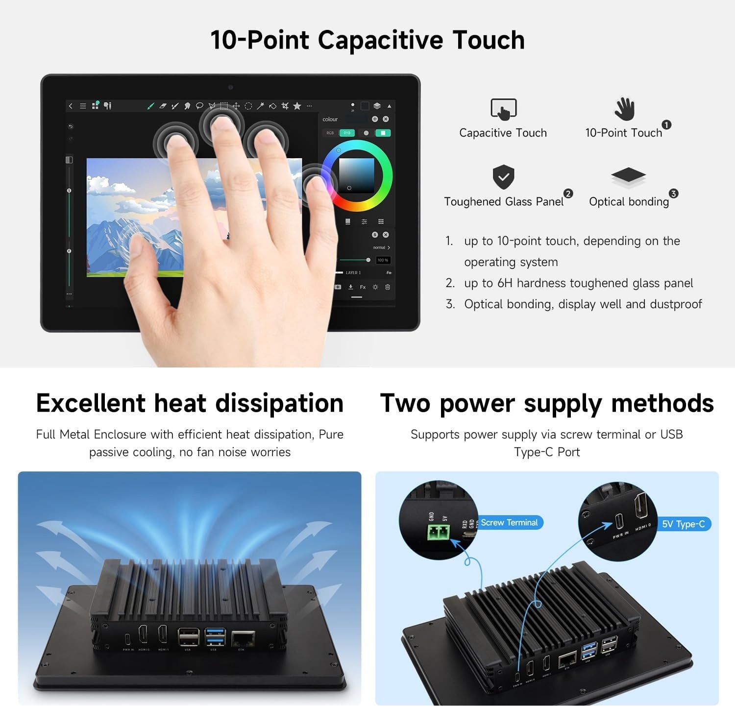 Waveshare industriell HMI allt-i-ett 10,1" pekskärm, kompatibel med Raspberry Pi 4 (ingår), stöd för dubbel 4K HDMI-utgång