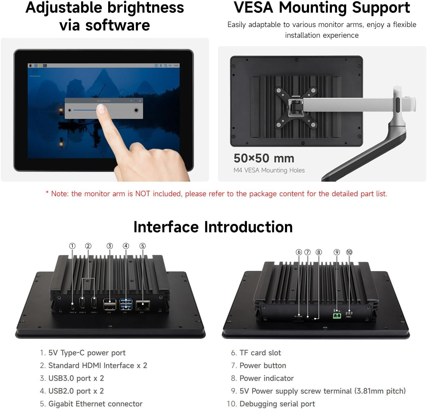 Waveshare industriell HMI allt-i-ett 10,1" pekskärm, kompatibel med Raspberry Pi 4 (ingår), stöd för dubbel 4K HDMI-utgång