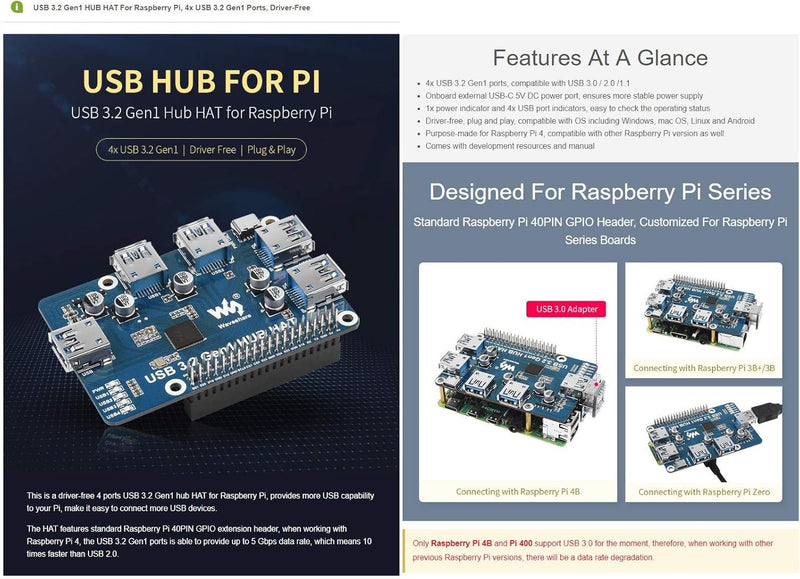 Waveshare USB 3.2 Gen1 HUB HAT för Raspberry Pi 4 med 4x USB 3.2 Gen1-portar upp till 5 Gbps
