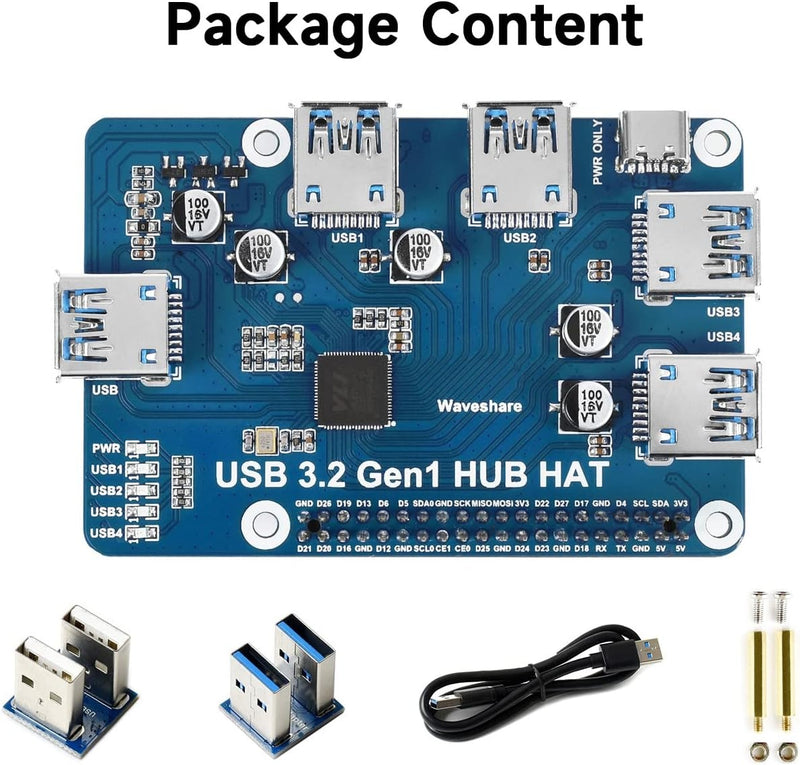 Waveshare USB 3.2 Gen1 HUB HAT för Raspberry Pi 4 med 4x USB 3.2 Gen1-portar upp till 5 Gbps