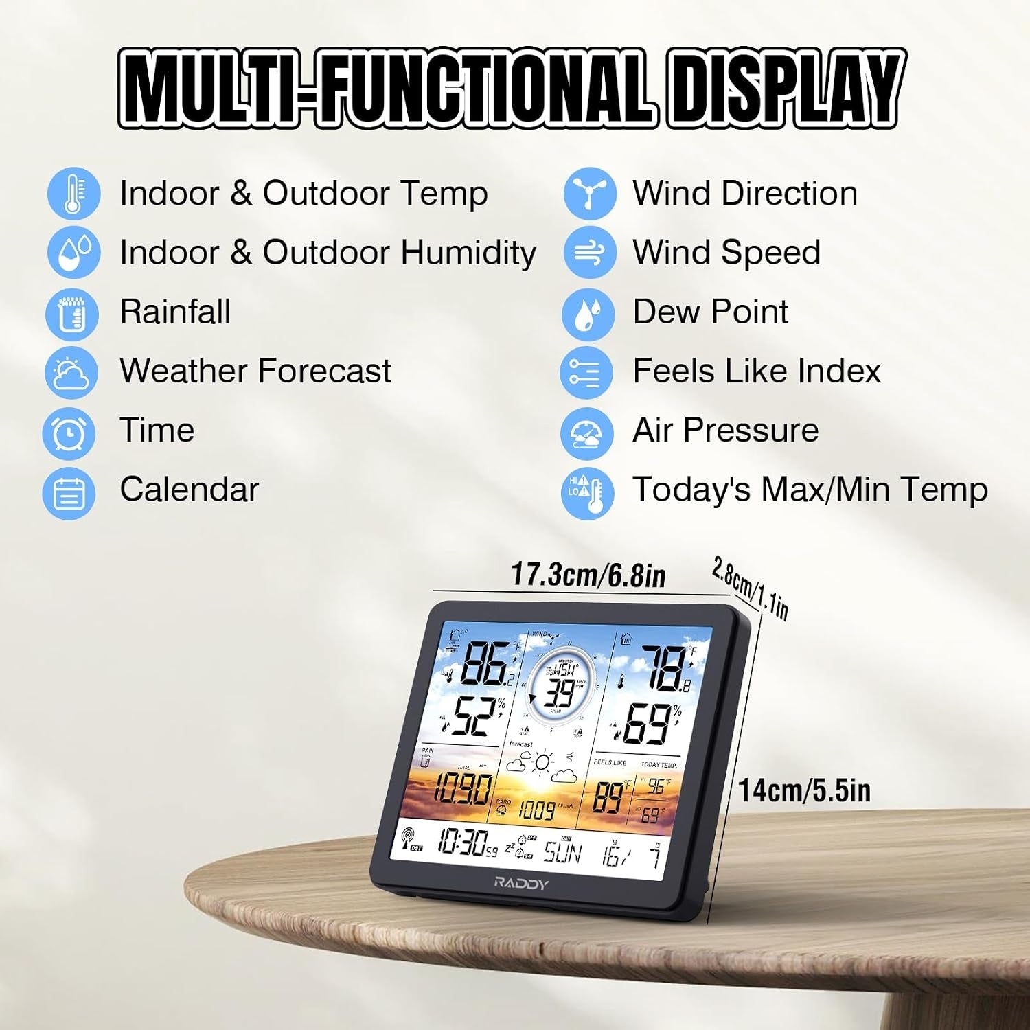 Weather Station Wireless Indoor Outdoor Thermometer Professional, 7.4 Inch Digital Display Radio-Controlled Clock, Temperature and Humidity Monitor