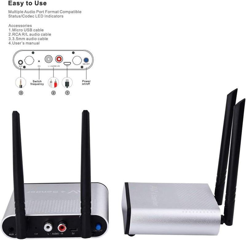 Trådlös digital ljudsändare och mottagare – adapter för HiFi-hemmabiosystem, högtalare, förstärkare, mobiltelefon, TV, MP3 och hörlurar.