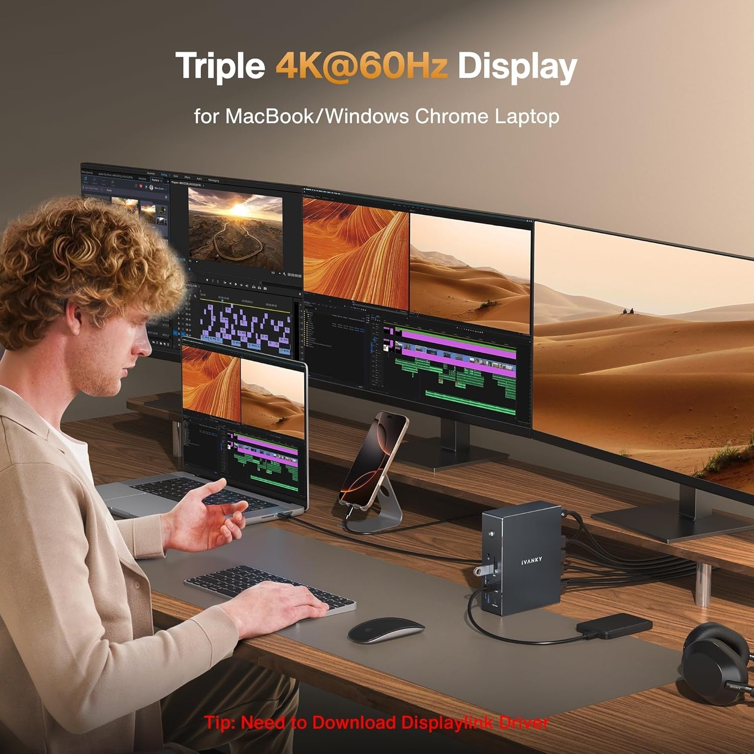 iVANKY 20-i-1 DisplayLink Dockningsstation Air FusionDock Pro 2, Trippla 4K@60Hz skärmar för M1/M2/M3/M4/M5 MacBook/Windows, 180W, 2.5GbE, HDMI, DP, 10Gbps
