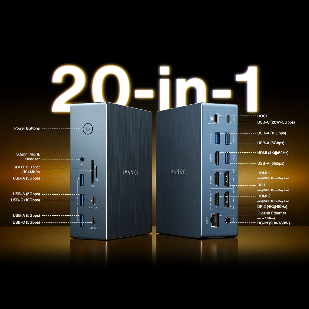 iVANKY 20-i-1 DisplayLink Dockningsstation Air FusionDock Pro 2, Trippla 4K@60Hz skärmar för M1/M2/M3/M4/M5 MacBook/Windows, 180W, 2.5GbE, HDMI, DP, 10Gbps