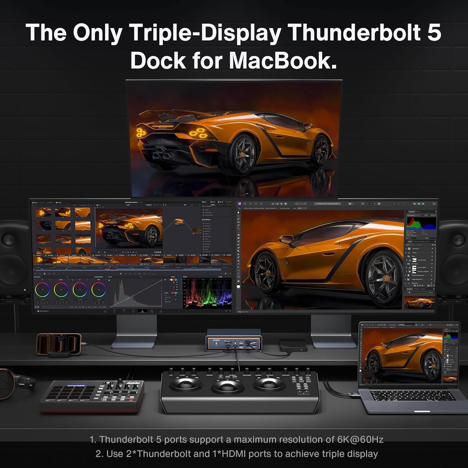 iVANKY FusionDock Max 2 Thunderbolt5 23-i-1 Dockningsstation för Mac M1/M2/M3/M4/M5 Pro/Max 120Gbps Trippla skärmar 6K@60Hz 140W PD Windows inkompatibel