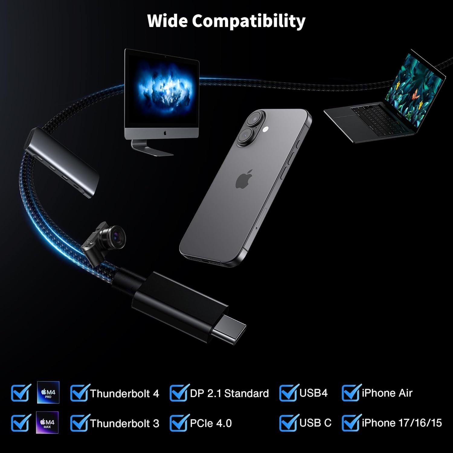 iVANKY Thunderbolt 5 kabel 1m Intel Certifierad, 80Gbps Dataöverföring, 120Gbps Bandbredd,  240W Laddning, Dubbla 8K Skärmar, Kompatibel med MacBook M4 TB4/DP2.1/USB4