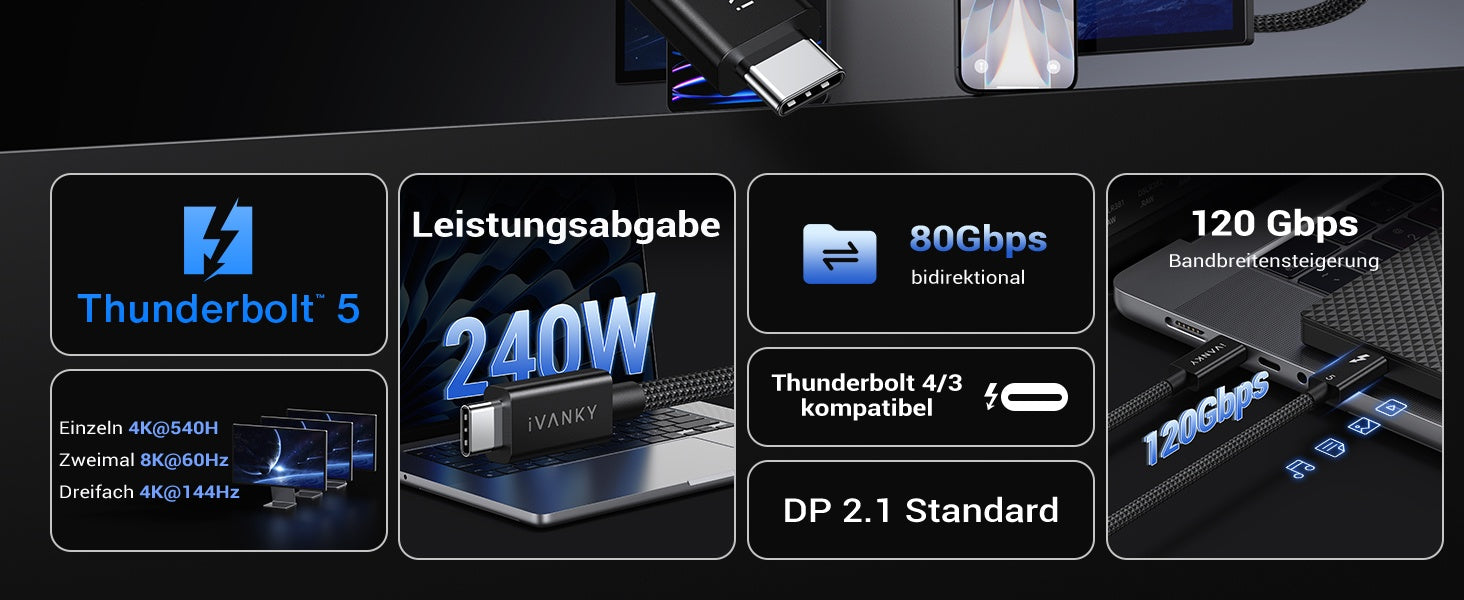iVANKY Thunderbolt 5 kabel 1m Intel Certifierad, 80Gbps Dataöverföring, 120Gbps Bandbredd,  240W Laddning, Dubbla 8K Skärmar, Kompatibel med MacBook M4 TB4/DP2.1/USB4