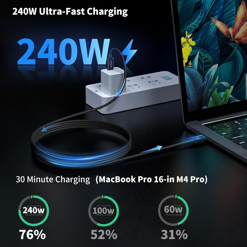 NÖRDIC 1m Thunderbolt 5 kabel Intel Certifierad, 80Gbps Dataöverföring, 120Gbps Bandbredd,  240W Laddning, Dubbla 8K Skärmar, Kompatibel med MacBook M4 TB4/DP2.1/USB4