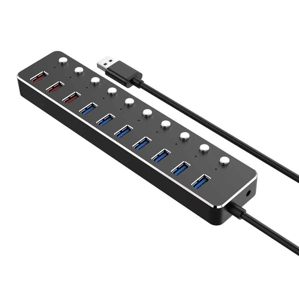 NÖRDIC 10ports USB 3.0 hubb 7portar för data 5Gbps 3portar för laddning 2,4A individuell on off switch 36W nätdel