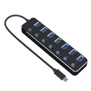 NÖRDIC powered 7-ports USB-C 3.0 HUB med individuell switch 5Gbps 25cm kabel aluminium svart med nätdel