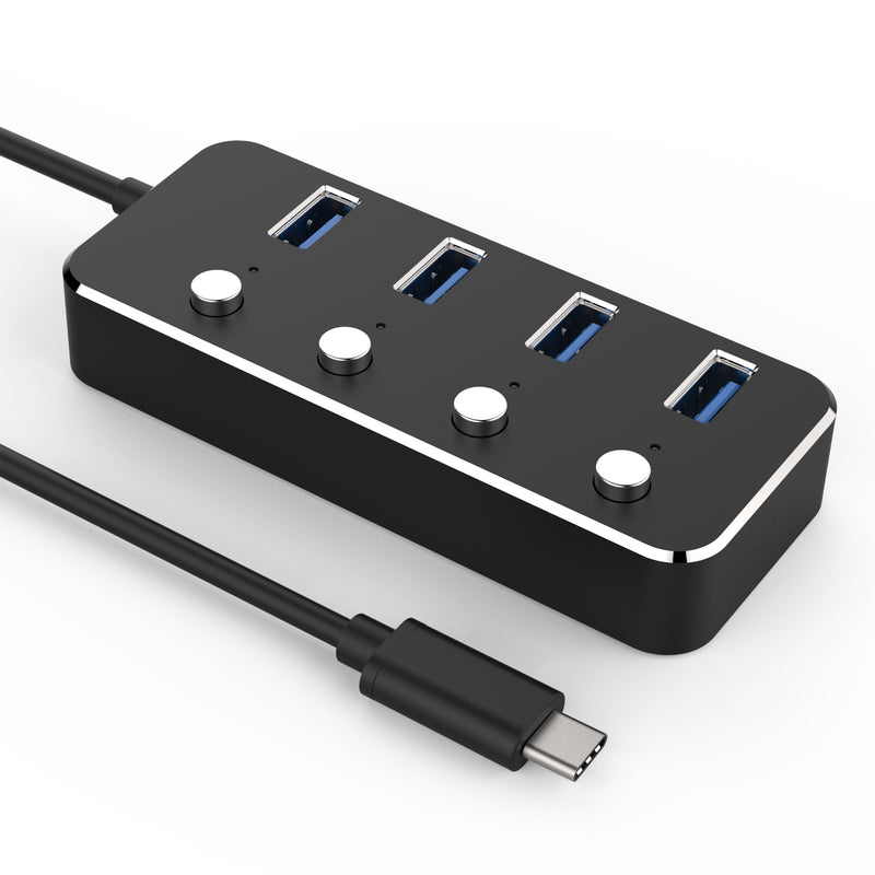NÖRDIC 4-port hubb USB-C 3.0  5Gbps med individuell switch 25cm kabel svart aluminium