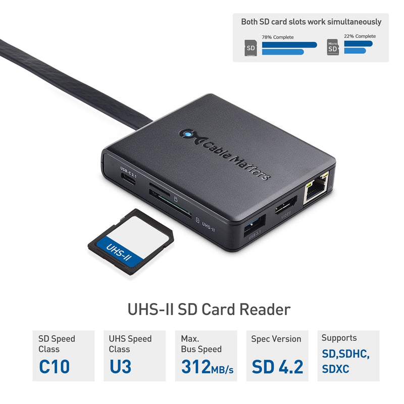 Cable Matters 1 till 8 USB-C Dockningstation HDMI 4K30Hz PD80W 2xUSB-C 5Gbps RJ45 Giga Lan Micro SD och SD kortläsare