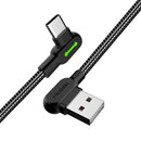 Mcdodo CA-5281   Vinklad USB C till vinklad USB A kabel för synkning och snabb laddning, med LED, svart, 1,2m