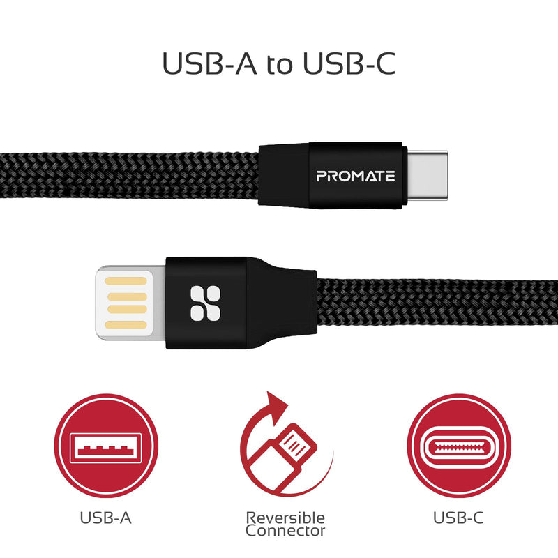 PROMATE 1m USB A till USB C för laddning och synkning 2A med super slim design och nylontextil kabel