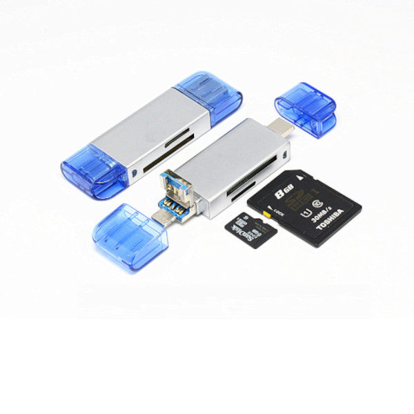 NÖRDIC Kortläsare SD och MicroSD, 3 i 1 USB-A, USB C och Micro USB Aluminium Space Grey UHS-I