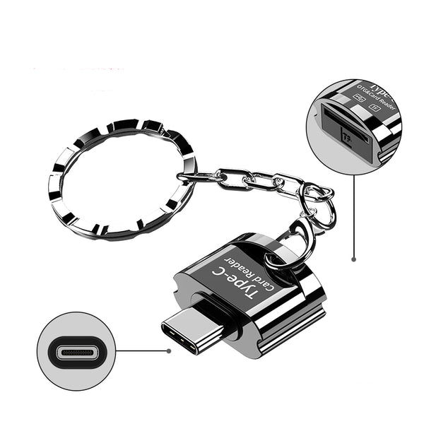 NÖRDIC USB-C 3.1 kortläsare med nyckelring 5Gbps TF, MicroSD, Micro SDHC, Micro SDXC 2TB UHS-I grå