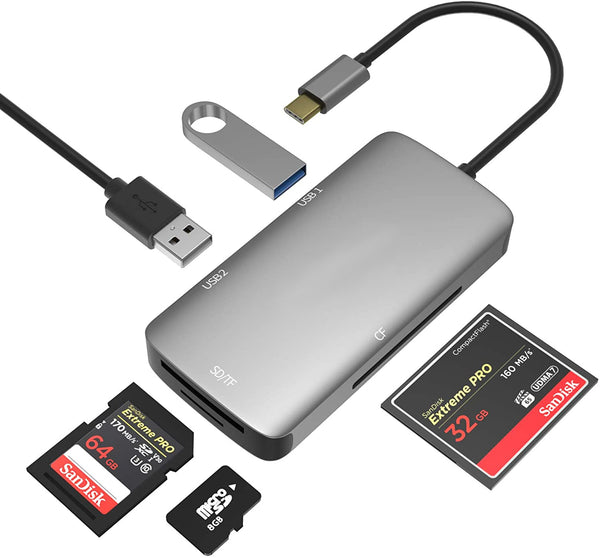 NÖRDIC 1 till 5 USB-C adapter SD/TF och CF kortläsare med 2xUSB3.0 upp till 5Gbps UHS-I
