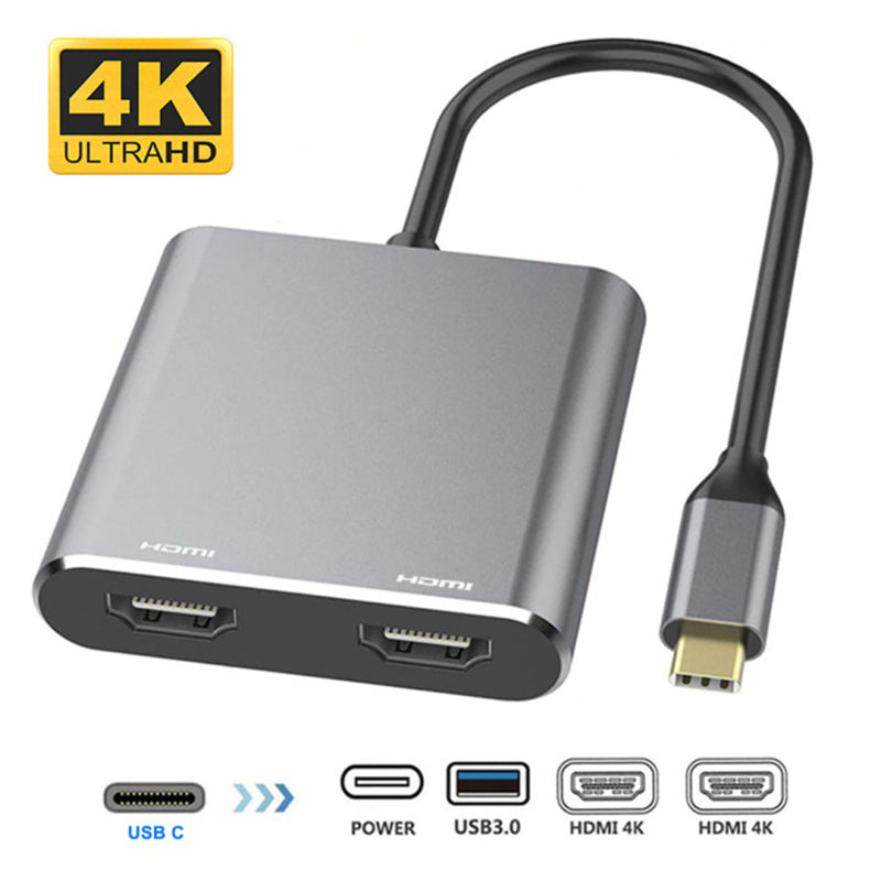 NÖRDIC USB-C till 2xHDMI adapter 4K30Hz 1xUSB-C 60W PD 1xUSB-A3.1 5Gbps MST dubbla HDMI USB type C adapter dual HDMI