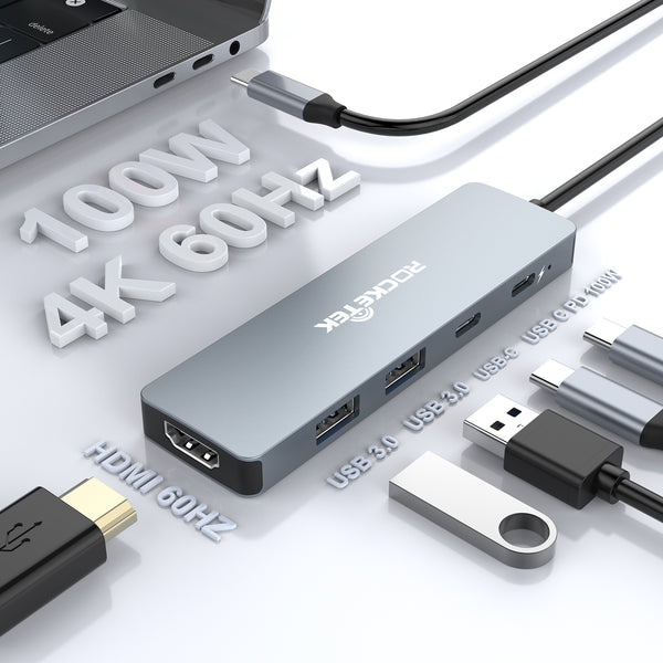 NÖRDIC 1 till 5 USB-C dockningsstation 1xHDMI 4K60Hz 1xPD100W 1xUSB-C 5Gbps 2xUSB-A 5Gbps