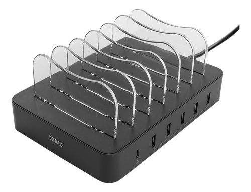 DELTACO USB-laddningsstation för 6 enheter, 5x USB-A, 1x USB-C PD, snabbladdning, totalt 50 W, svart