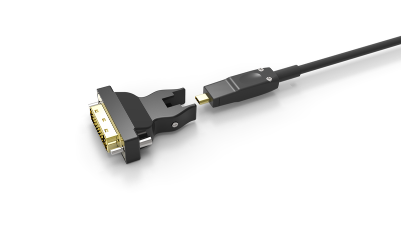 NÖRDIC 10m HDMI 2.0 AOC aktiv Fiberkabel, 5 i 1 med löstagbara adaptrar HDMI, DVI, USB-C, DP och HDMI-D