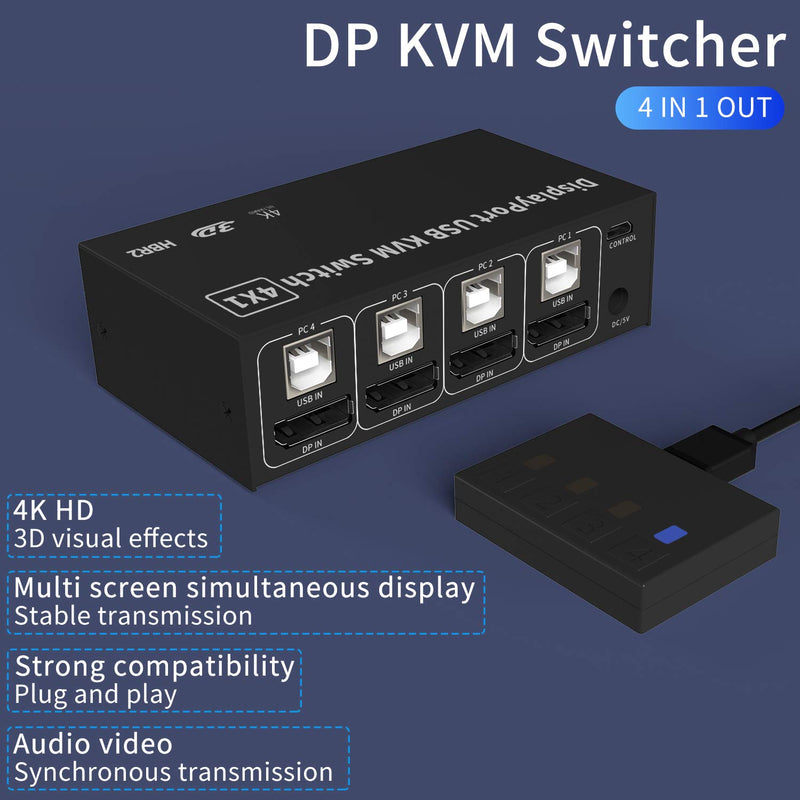 NÖRDIC KVM Switch 4 PC till 1xDP 4K 60Hz och 4xUSB HDCP 2.2 för Xbox, PS5 och laptop