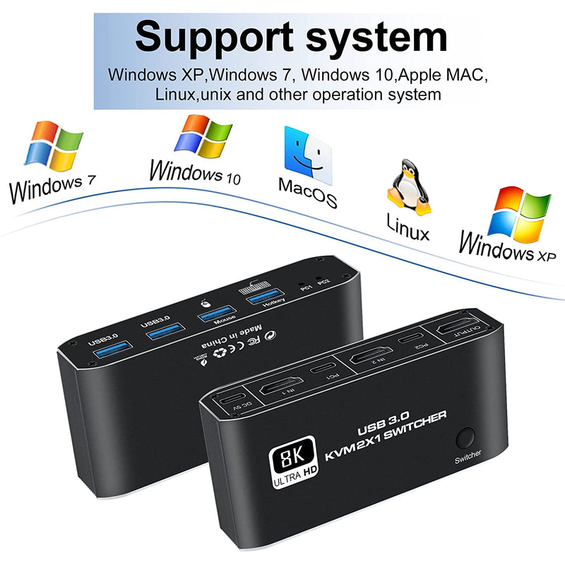 NÖRDIC USB-C och HDMI 2.1 8K60Hz  KVM switch 2 till 1 HDCP2.3 HDR10 med 4XUSB-A output