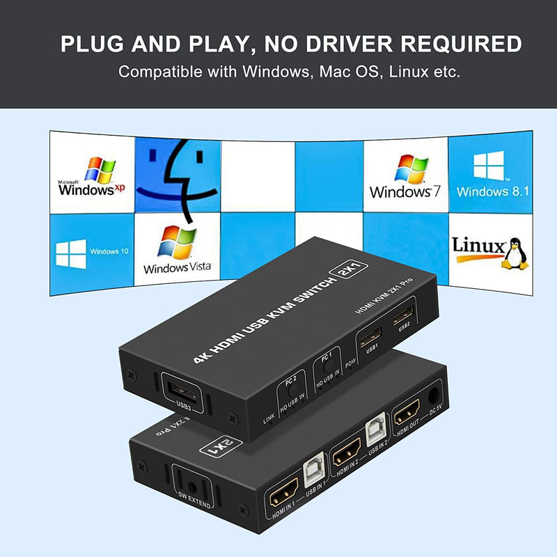 NÖRDIC KVM Switch 2 till 1xHDMI 2.0 4K60Hz för PC, Xbox, PS5 och bärbar med 3xUSB portar