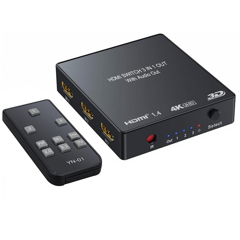 NÖRDIC HDMI Switch med 3xHDMI input och 1xHDMI 4K i 30Hz, 1xToslink digital output och 2x analog stereo audio L/R RCA output, Infrared fjärrkontroll