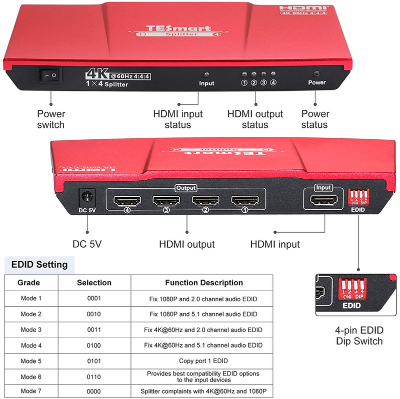 NÖRDIC HDMI 2.0 4K 60Hz 4:4:4 splitter 1 till 4 18Gbps CEC HDR , Dolby och DTS, LPCM7.1 EDID Metal