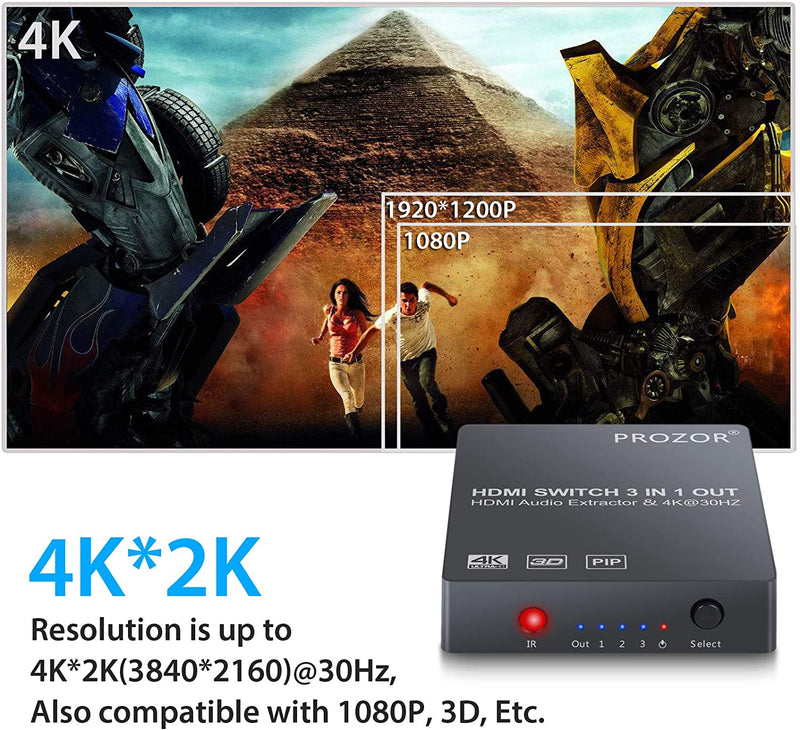 NÖRDIC HDMI switch 3 till1 4K30Hz 3D med audio extractor 1xOptisk toslink 1xstereo 3,5mm