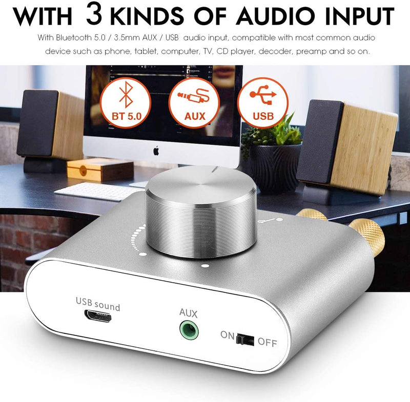 NÖRDIC Bluetooth 5.0 Stereo amplifier digital Audio Class D förstärkare 2x50W AUX/USB/BT silver