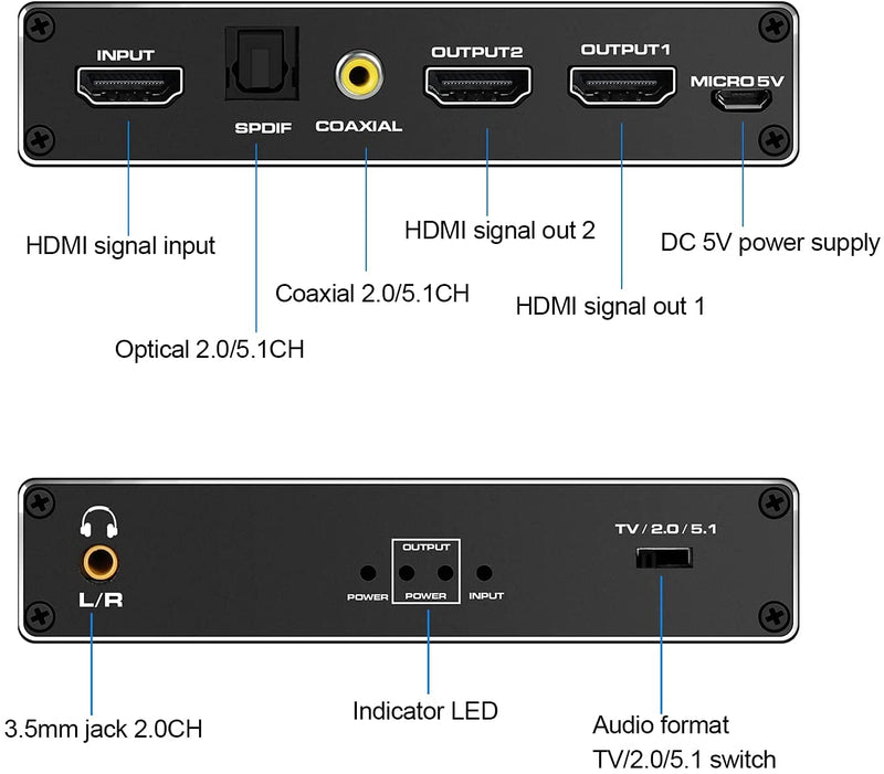 NÖRDIC HDMI splitter 1 till 2 med Audio Extractor 4K60Hz HDCP2.3 HDR10 Toslink SPDIF+Coaxial+3,5mm audio