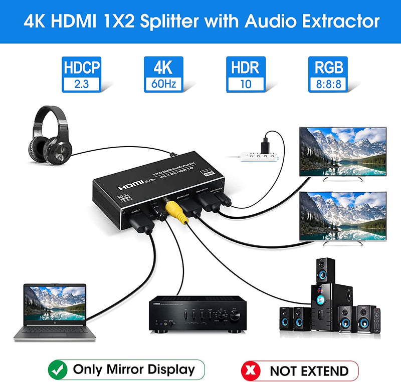 NÖRDIC HDMI splitter 1 till 2 med Audio Extractor 4K60Hz HDCP2.3